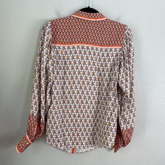 Hale Bob Womens Small Long Sleeve Button Up Blouse Geometric Orange White Shirt - Picture 12 of 13